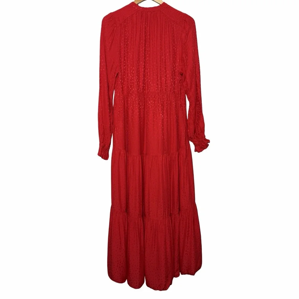 Anthropologie Maeve Wendy Tiered Maxi Dress Red Jacquard Tie Neck‎ Large Cottage